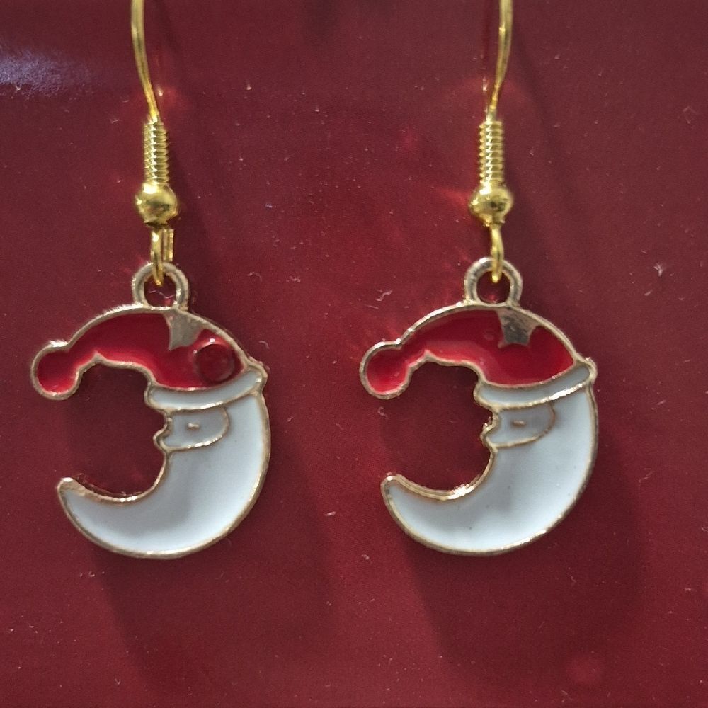 Santa Moon Dangle Earrings | Red Enamel Gold Tone Crescent Jewelry